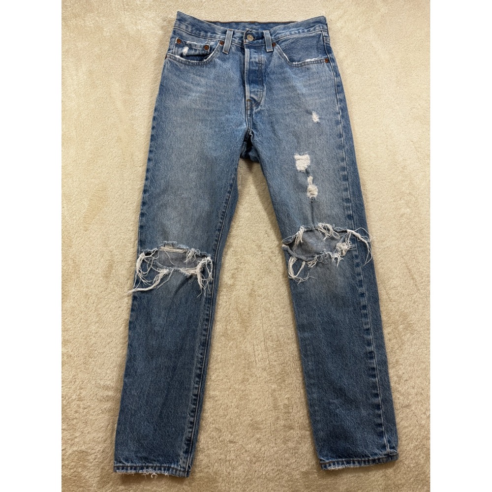 Levi's Womens 501 Distressed Button Fly Blue Jeans 26 Meas: 27x29